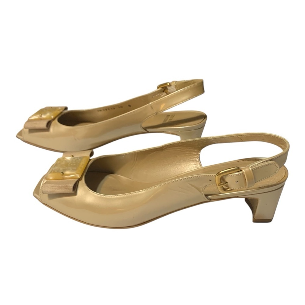 Stuart Weitzman Gold Patent Leather Slingback Peep Toe Pumps Festive. Size 10 N.